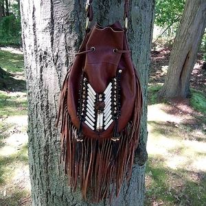 Brown Fringe Crossbody Bag with Beaded Accent